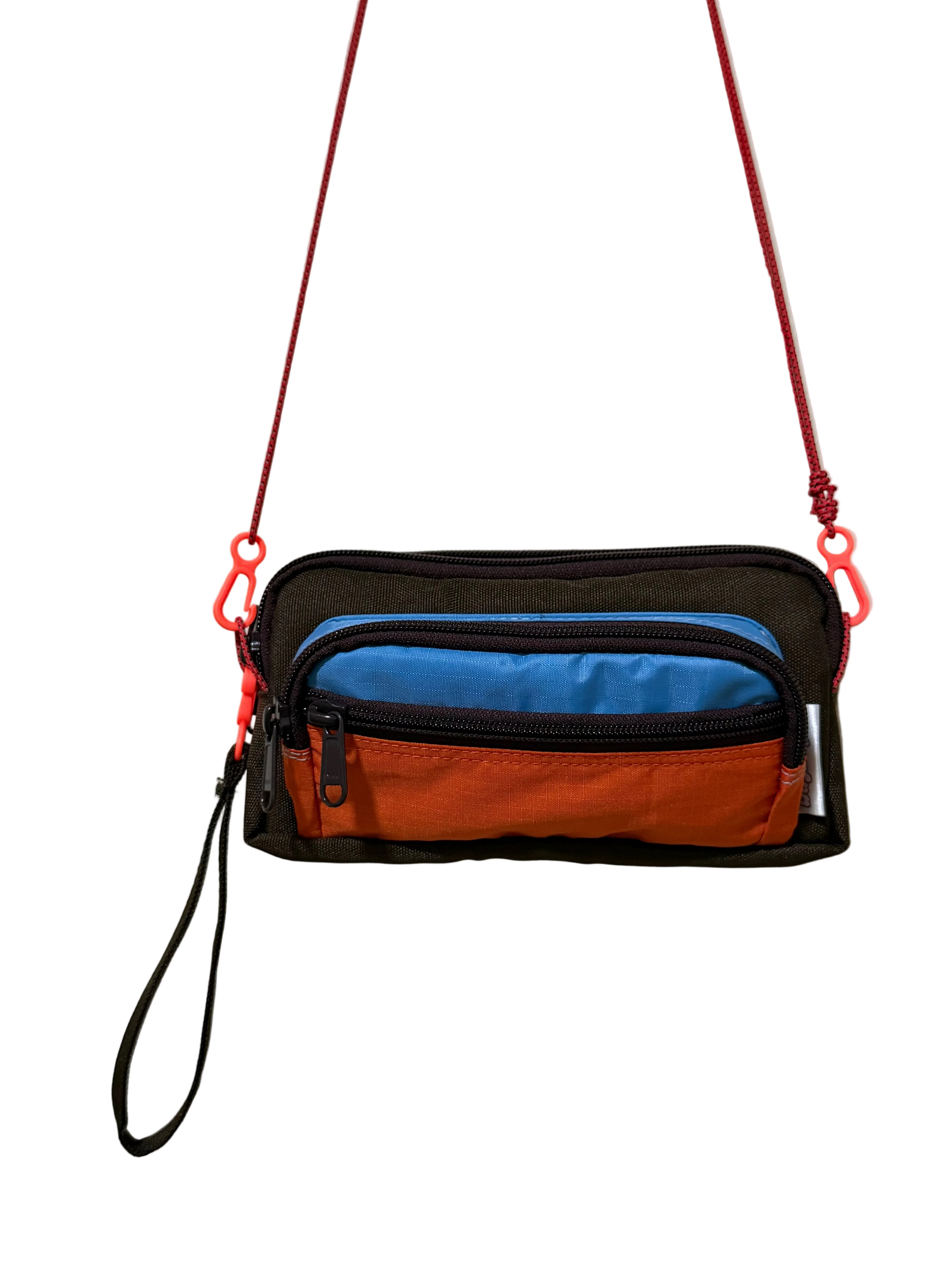 Multicolored pouch with a strap on a white background