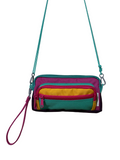 Colorful crossbody bag with a strap on a light gray background